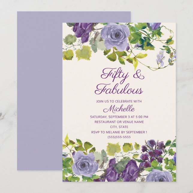 Invitation Purple Floral Green Feuilles 50 Fabuleux anniversa (Devant / Derrière)