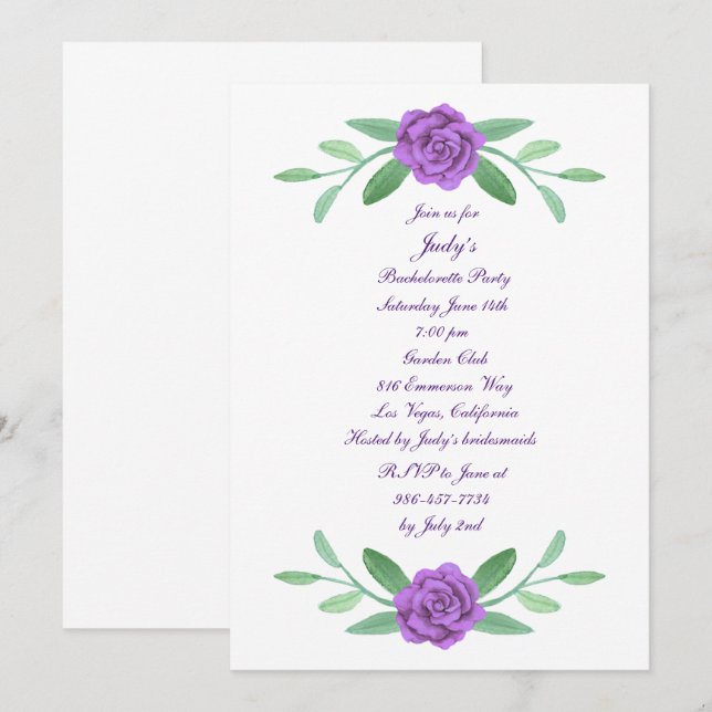 Invitation Purple Floral Green Foliage Bachelorette Party (Devant / Derrière)