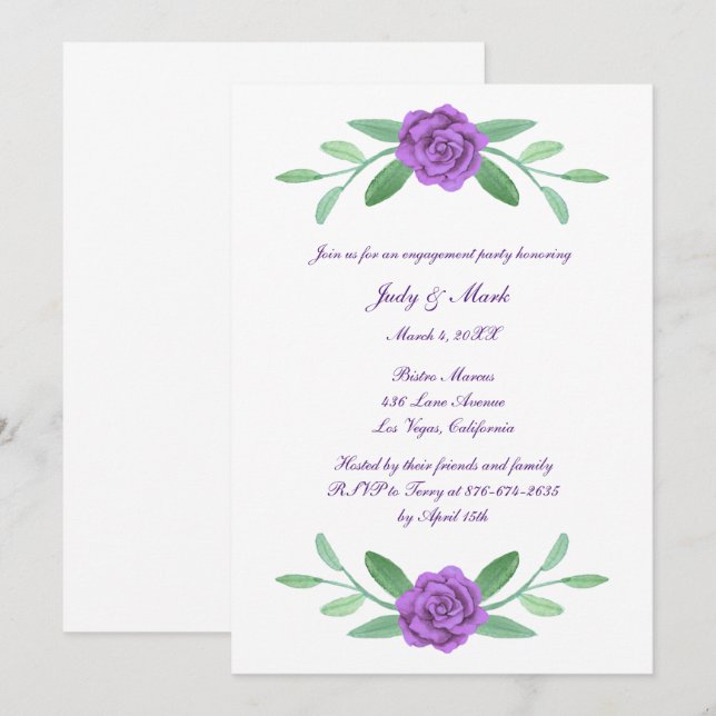 Invitation Purple Floral Green Foliage Engagement (Devant / Derrière)