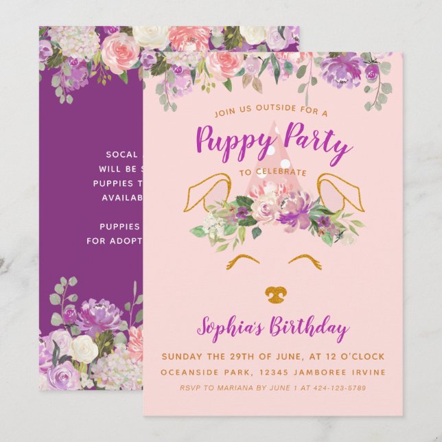Invitation Purple Floral Jardin Marionnette fête Anniversaire (Devant / Derrière)