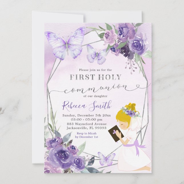 Invitation Purple Floral Kneeling fille première sainte commu (Devant)