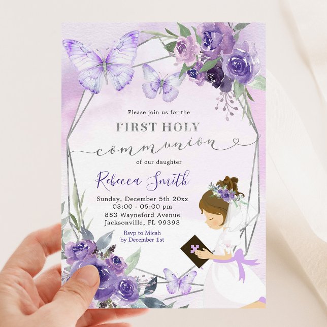 Invitation Purple Floral Kneeling fille première sainte commu (Créateur téléchargé)