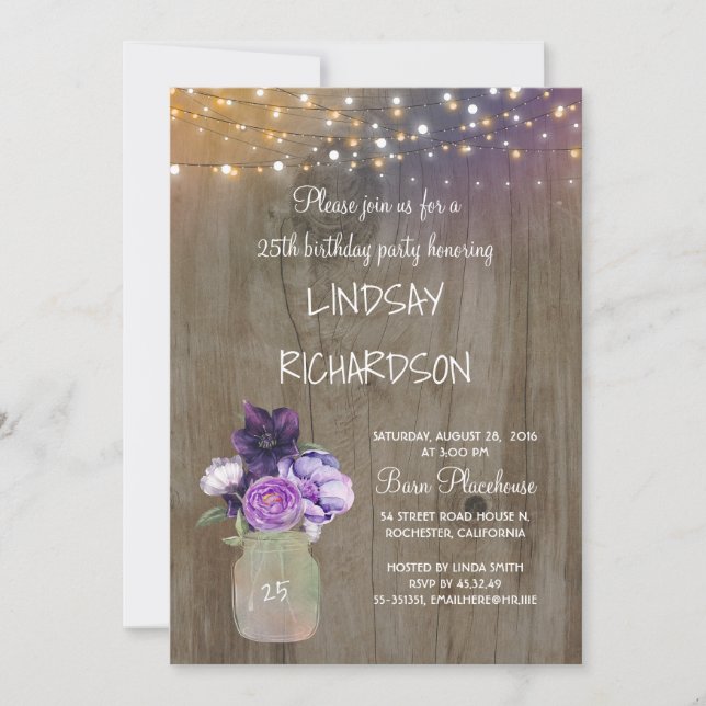 Invitation Purple Floral Mason Jar Rustic Grange fête d'anniv (Devant)