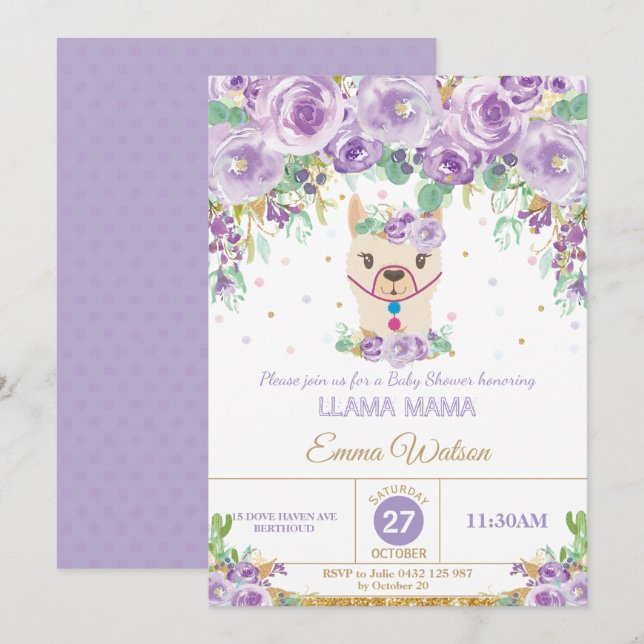 Invitation Purple Floral mignonne Llama Mama Baby shower fill (Devant / Derrière)
