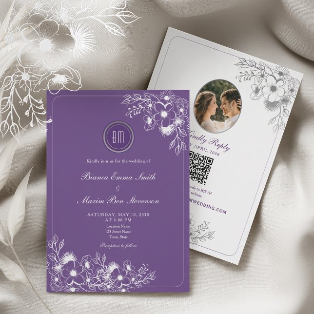 Invitation Purple Floral Photo QR Code Wedding (Créateur téléchargé)