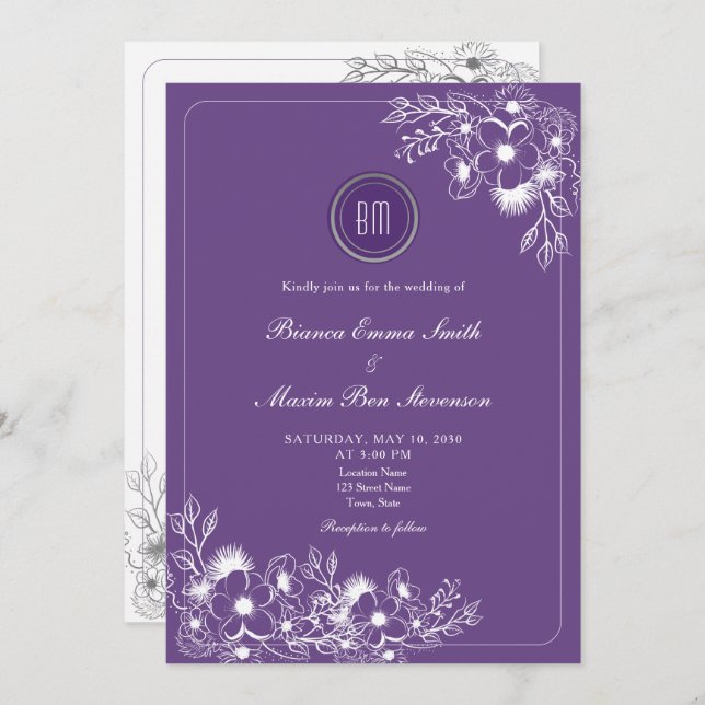 Invitation Purple Floral Photo QR Code Wedding (Devant / Derrière)