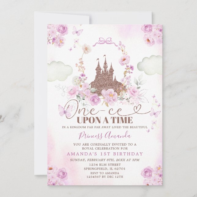Invitation Purple Floral Princess Royal Castle 1er anniversai (Devant)