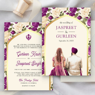 Invitation Purple Floral Punjabi Anand Karaj Sikh Mariage