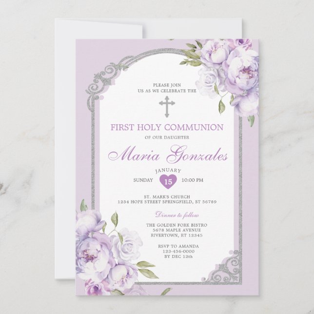 Invitation Purple Floral Silver Cross First Holy Communion (Devant)