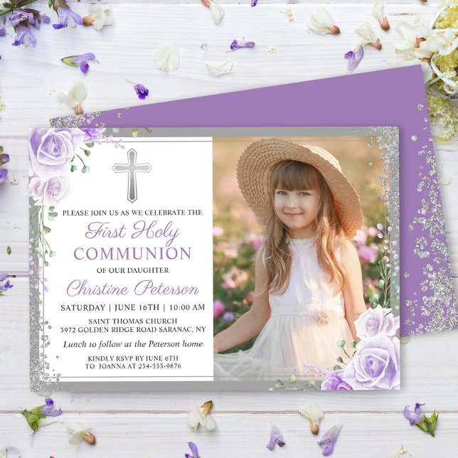 Invitation Purple Floral Silver Girl 1ère Sainte Communion Ph (Créateur téléchargé)