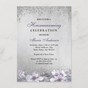 Invitation Purple Floral Silver Shimmer Fête de réchauffement