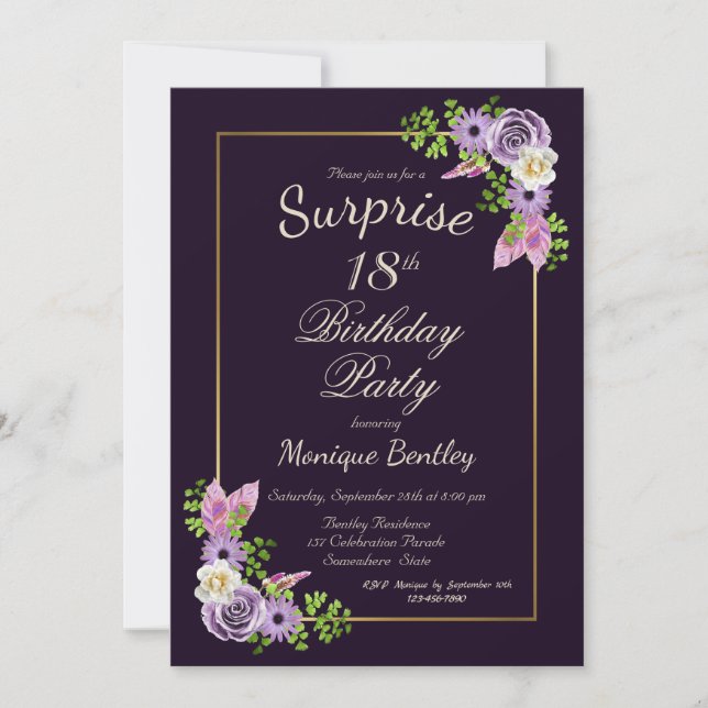 Invitation Purple Floral Surprise 18e fête d'anniversaire (Devant)