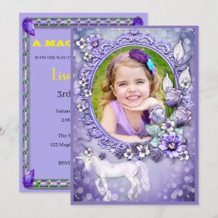 Invitation Purple Floral Unicorne Photo Anniversaire