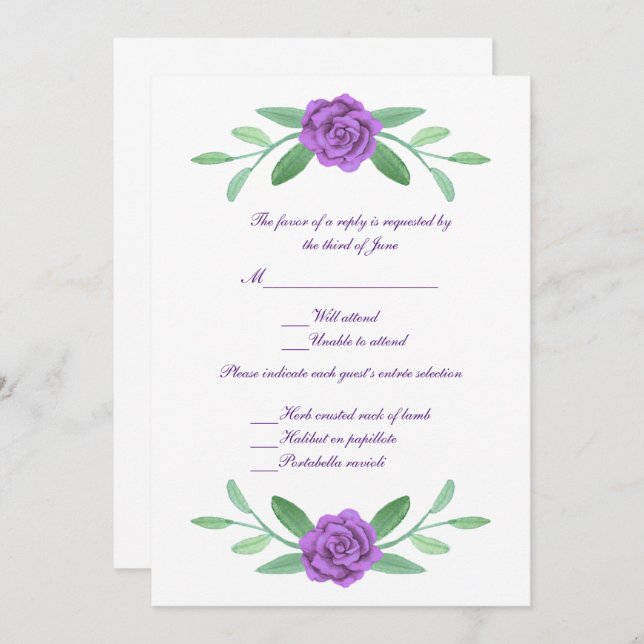 Invitation Purple Floral Vert Feuillage Mariage Réponse (Devant / Derrière)
