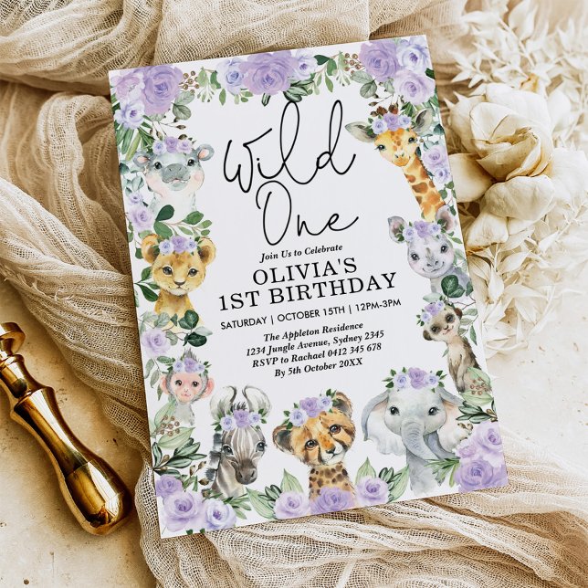 Invitation Purple Floral Wild One Jungle Safari Birthday Girl (Créateur téléchargé)