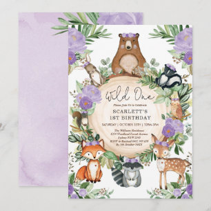 Invitation Purple Floral Woodland Girl Wild One1st Anniversai