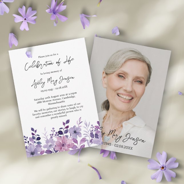 Invitation Purple Flower Celebration of Life Photo Funeral (Créateur téléchargé)