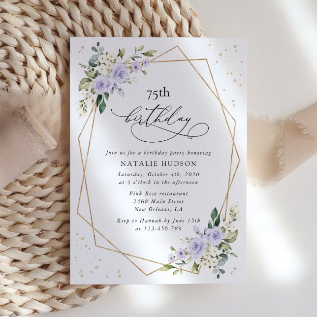 Invitation Purple Flowers, White Flowers, Greenery, Birthday (Créateur téléchargé)