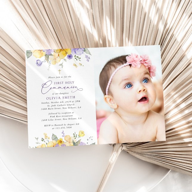 Invitation Purple Flowers, Yellow Flowers, First Communion (Créateur téléchargé)