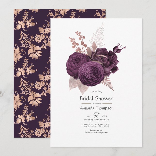 Invitation Purple foncé et Rose or Fête des mariées florale (Devant / Derrière)