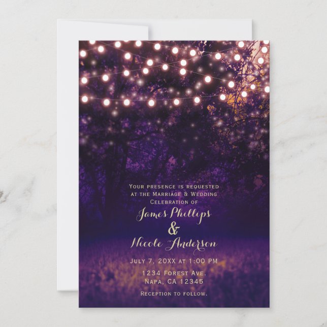 Invitation Purple Forest Sunset String lumières Mariage rusti (Devant)