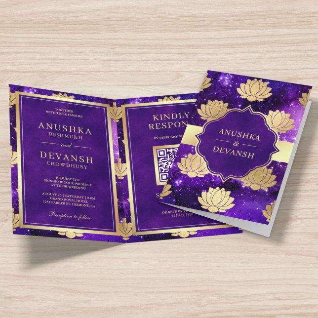 Invitation Purple Galaxy Gold Lotus QR Code Mariage indien (Créateur téléchargé)
