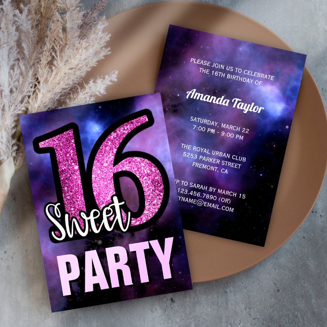 Invitation Purple Galaxy rose Parties scintillant douce 16 fê (Créateur téléchargé)