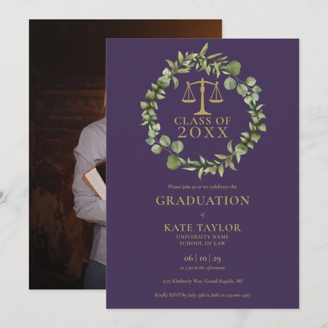 Invitation Purple Garland Photo Law School Graduation Party I (Devant / Derrière)