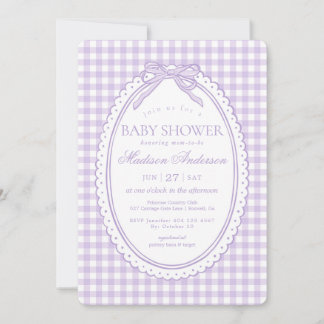 Invitation Purple Gingham Coquette Bow Baby Shower