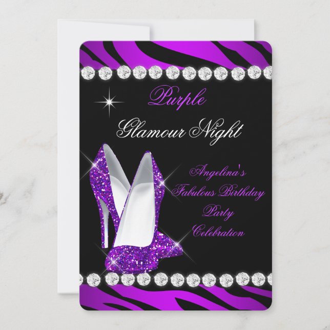 Invitation Purple Glamor Nuit Zebra Parties scintillant Chaus (Devant)