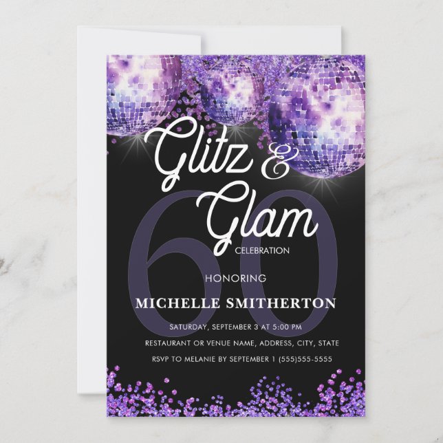 Invitation Purple Glitter Disco Glitz Glam 60th Birthday Invi (Devant)