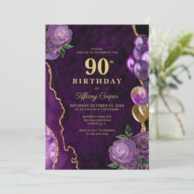 Invitation Purple Gold Agate 90e anniversaire (Debout devant)