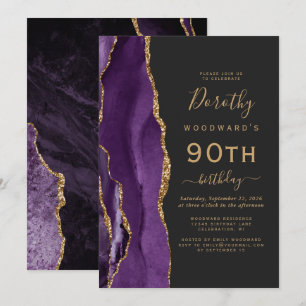 Invitation Purple Gold Agate Dark 90e fête d'anniversaire