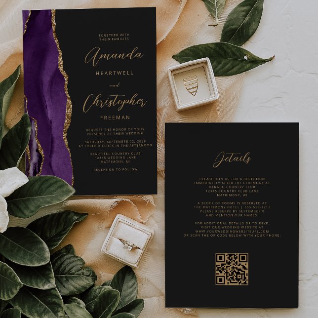 Invitation Purple Gold Agate Dark QR Code Mariage (Créateur téléchargé)