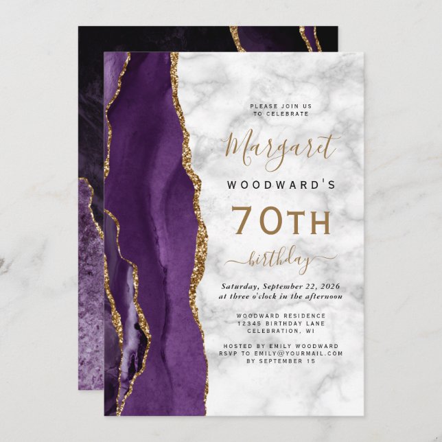 Invitation Purple Gold Agate Marbre 70e fête d'anniversaire (Devant / Derrière)