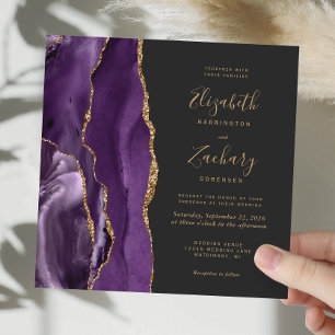 Invitation Purple Gold Agate moderne Carré foncé Mariage