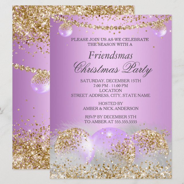 Invitation Purple Gold Bauble Amies Fête de Noël (Devant / Derrière)