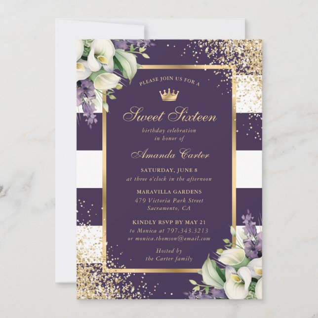 Invitation Purple Gold Blanc Calla Lily Sweet 16 Anniversaire (Devant)