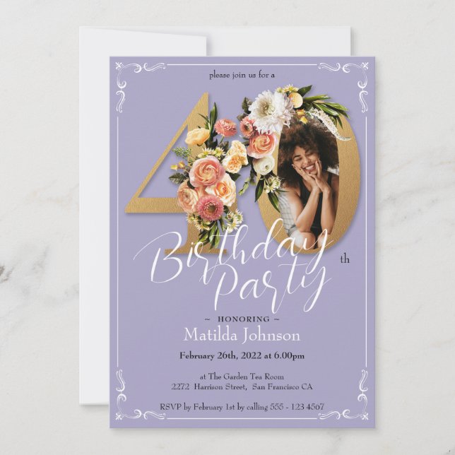 Invitation Purple Gold Boho Floral Photo personnalisée 40e an (Devant)