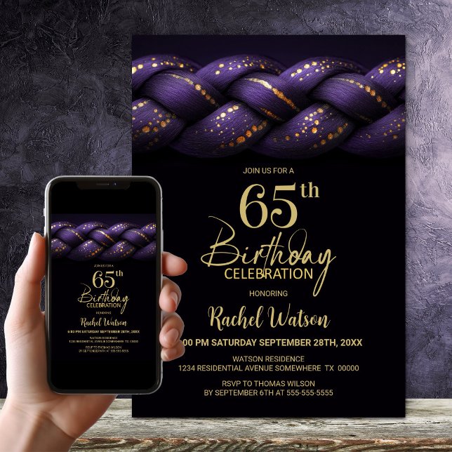 Invitation Purple Gold Braid 65e fête d'anniversaire (Créateur téléchargé)