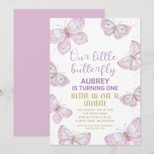 Invitation Purple Gold Butterflies Gold Parties scintillant 1 (Devant / Derrière)