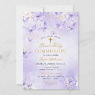 Invitation Purple Gold Butterfly First Holy Communion 