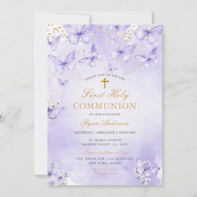 Invitation Purple Gold Butterfly First Holy Communion  (Devant)