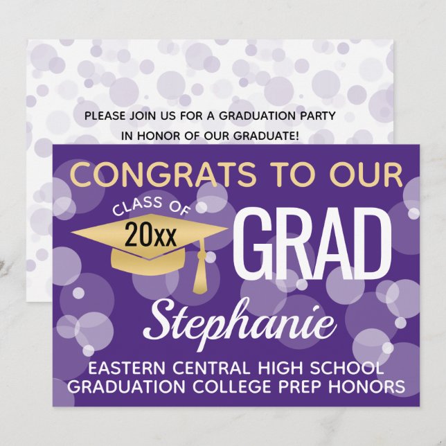 Invitation Purple Gold Confetti Bokeh Bubbles Graduation (Devant / Derrière)