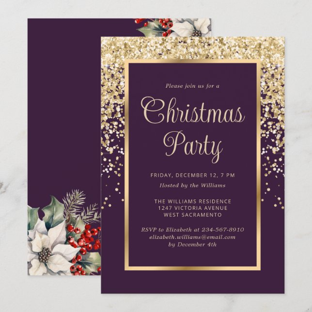 Invitation Purple Gold Confetti Botanical Christmas Party (Devant / Derrière)