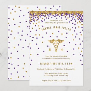 Invitation Purple & Gold Confetti Infirmière Graduation Invit