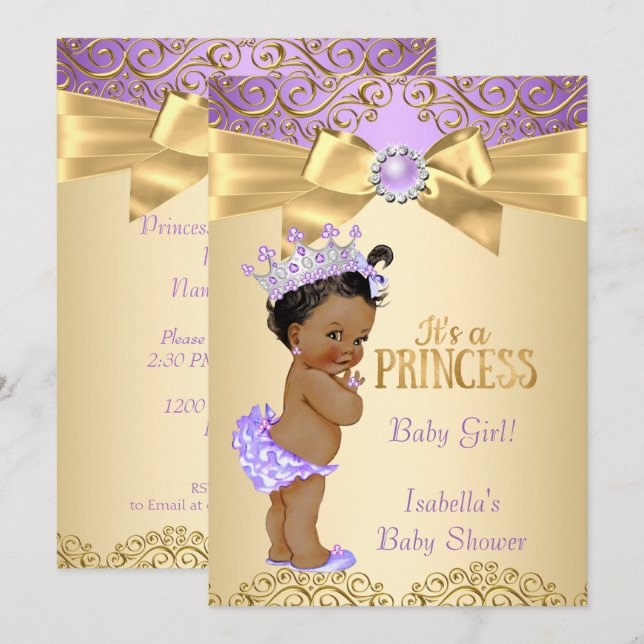 Invitation Purple Gold Damask Princess Baby shower ethnique (Devant / Derrière)