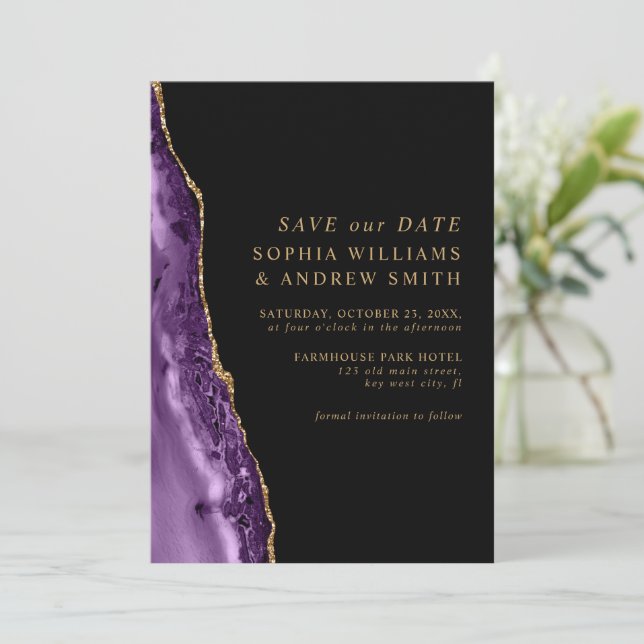 Invitation Purple & Gold Enregistrer la date (Debout devant)