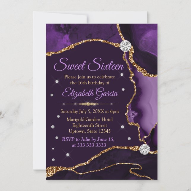 Invitation Purple & Gold Faux Parties scintillant Agate Sweet (Devant)