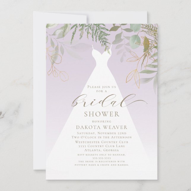 Invitation Purple Gold Fête des mariées de robe Mariage (Devant)